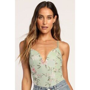 Lulus Passion Blooms Sage Green Floral Print Mesh Bodysuit - Size S